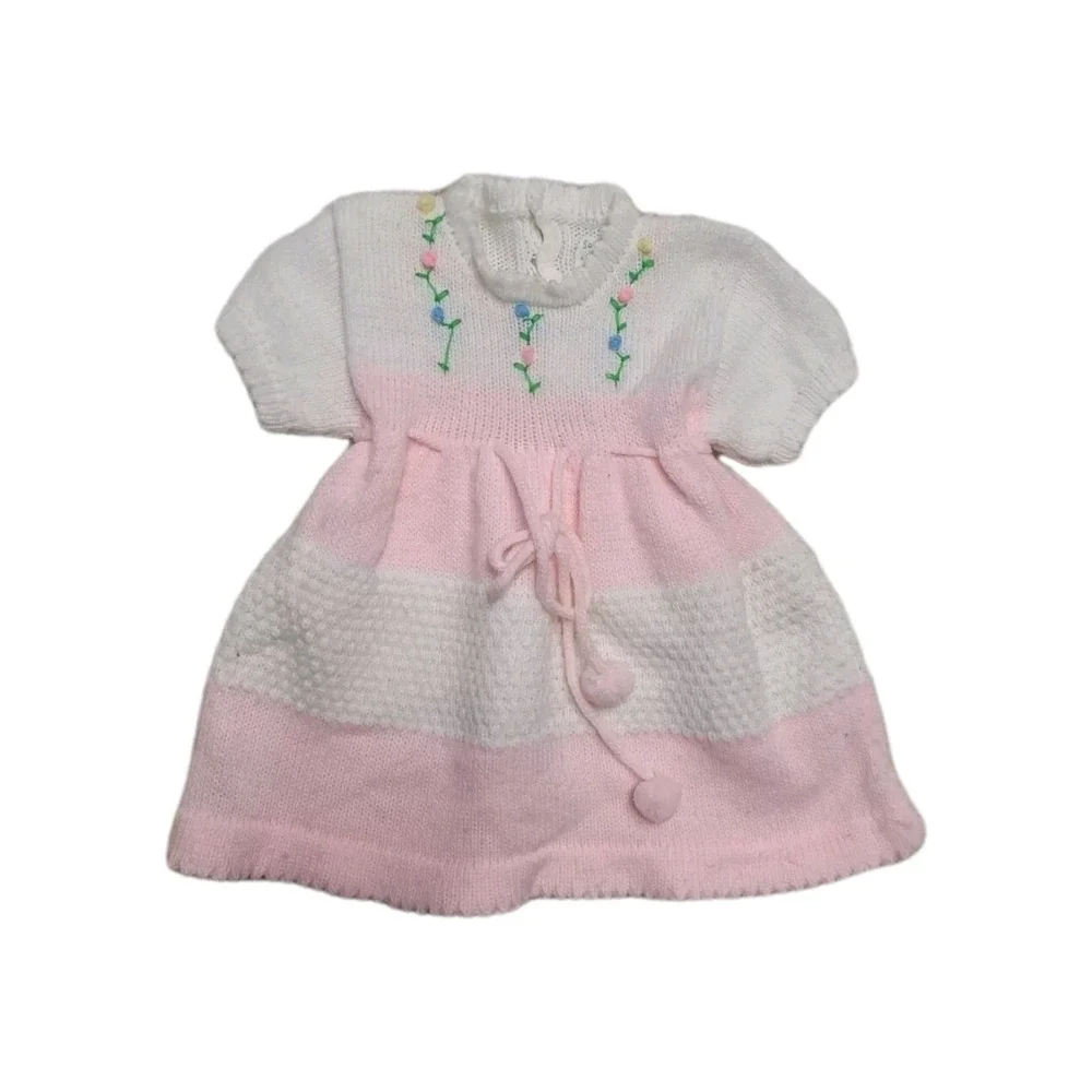 Vintage  Girls Dress Knit Pink White Soft Spun 9 Months  Acrylic Japan  Lot Of 2